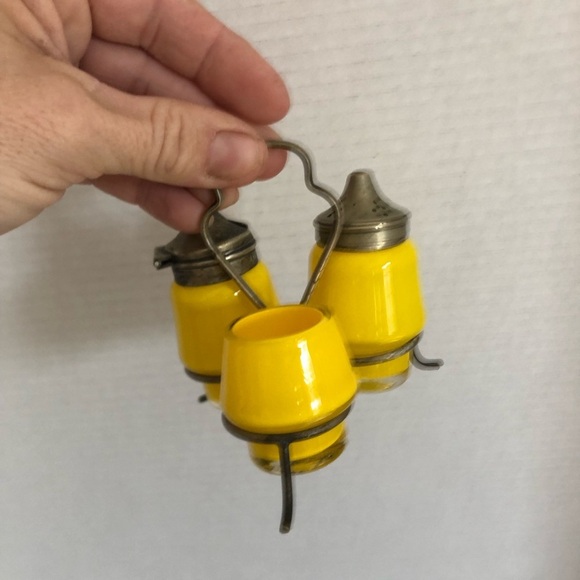 Vtg Yellow Glass Condiment Set in Metal Stand - Picture 9 of 11